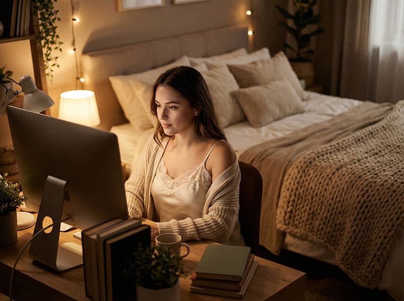 Cammodel arbeitet zuhause vor der Webcam